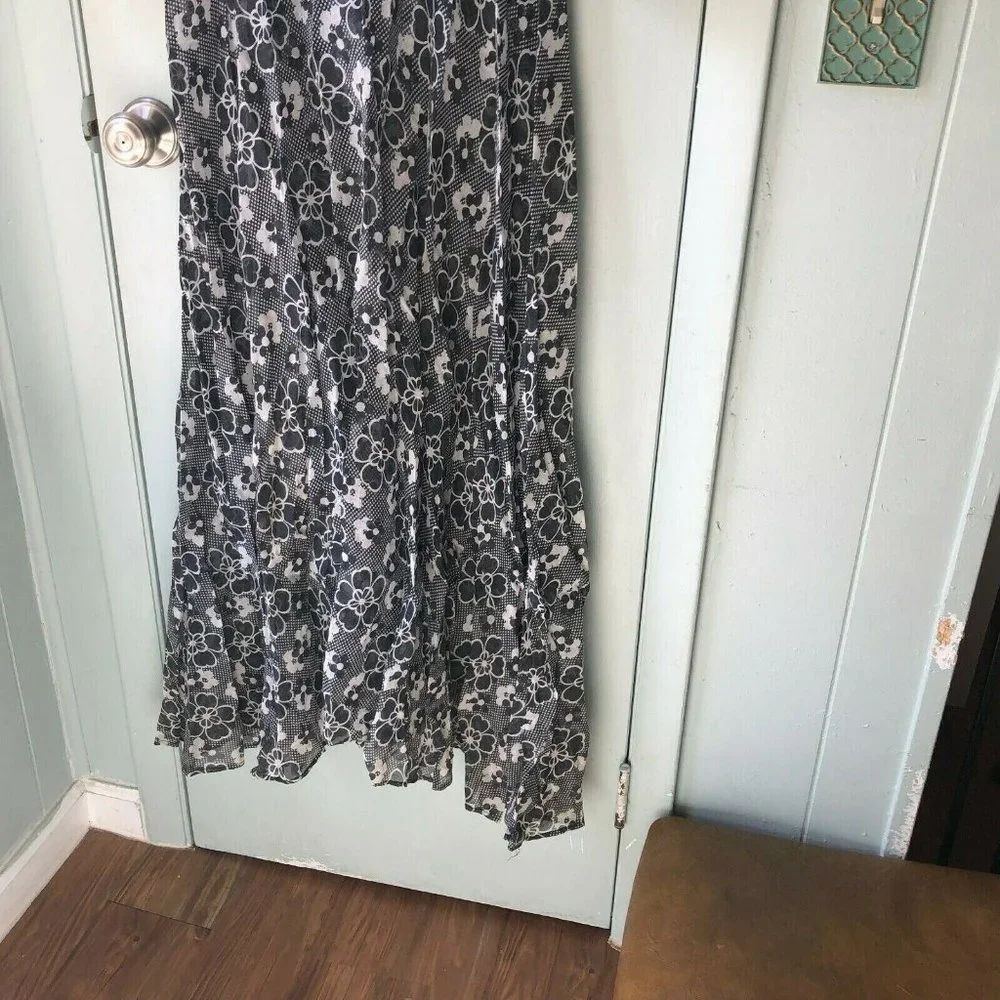 vintage maxi dress Black Floral White collar Mod sheer skirt romantic modest
